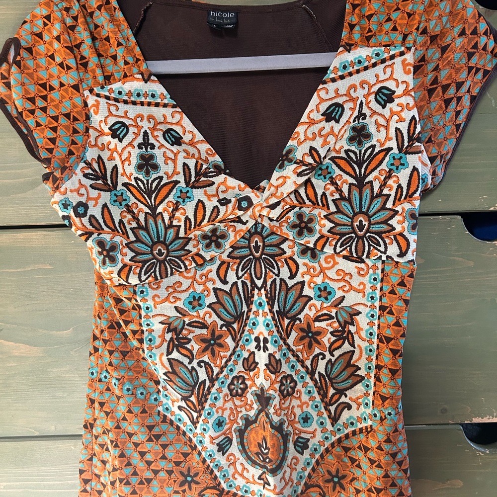 Nicole Orange Brown Graphic Fitted Cap Sleeve Blouse